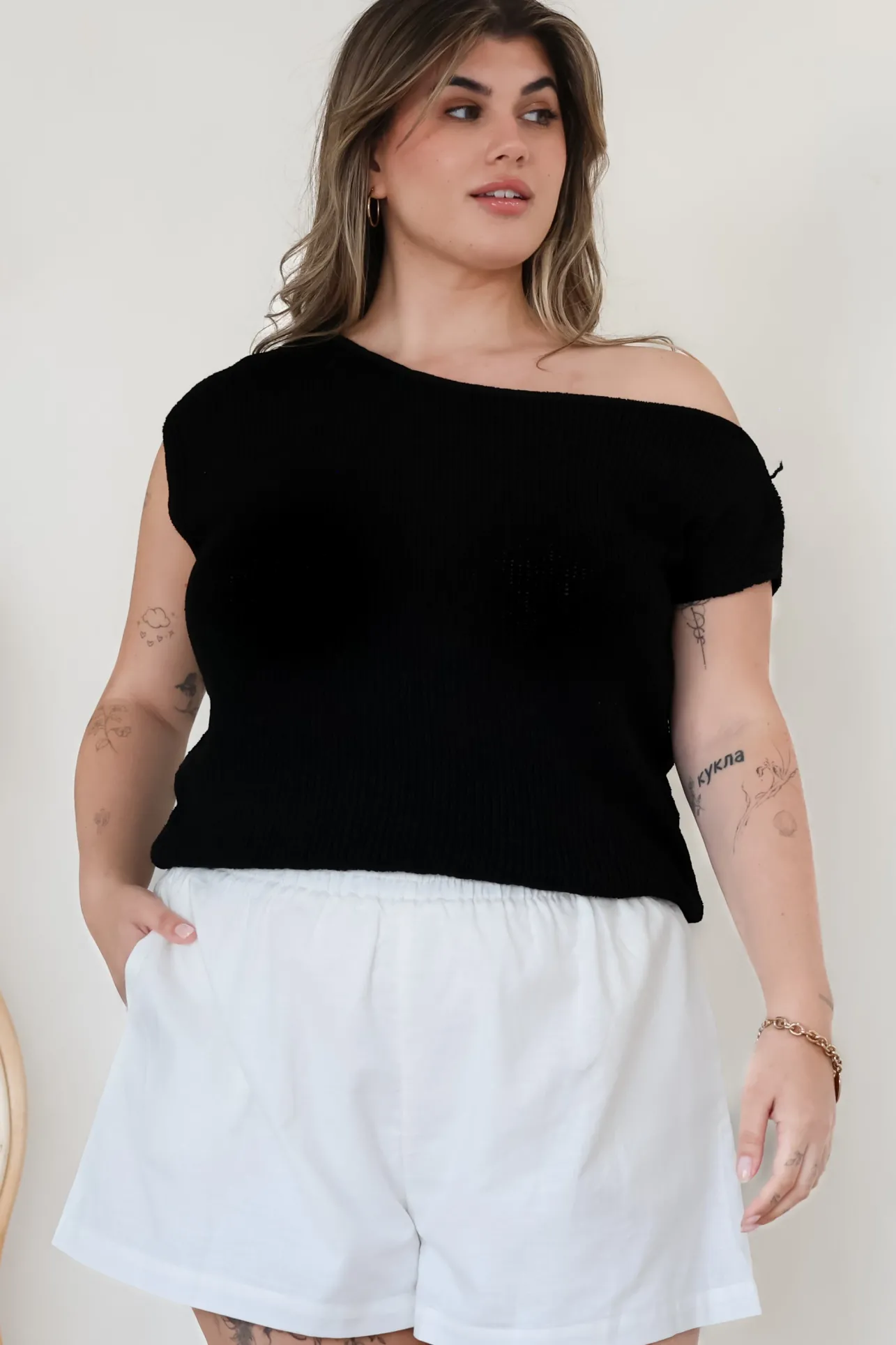 Mariah Knit Top - Sleeveless Asymmetric Neckline Top with Ribbed Hem in Black>Salty Crush Hot