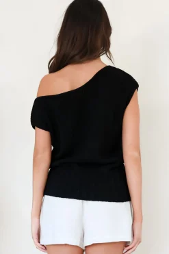 Mariah Knit Top - Sleeveless Asymmetric Neckline Top with Ribbed Hem in Black><noscript><img width=