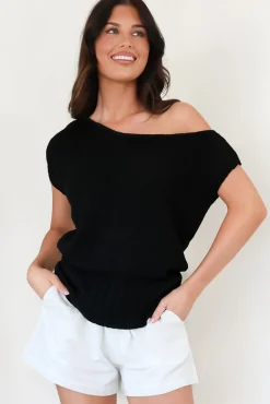 Mariah Knit Top - Sleeveless Asymmetric Neckline Top with Ribbed Hem in Black><noscript><img width=
