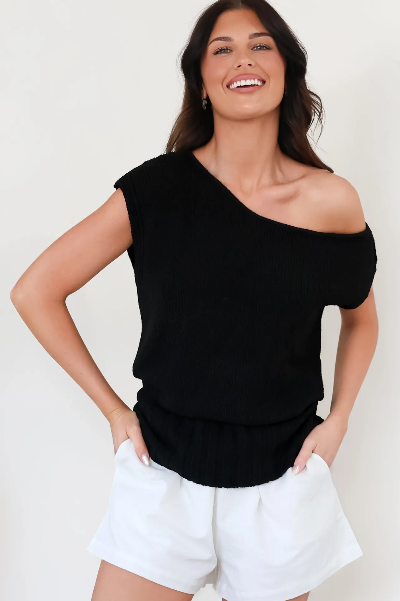 Mariah Knit Top - Sleeveless Asymmetric Neckline Top with Ribbed Hem in Black>Salty Crush Hot