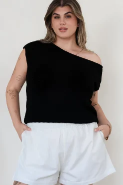 Mariah Knit Top - Sleeveless Asymmetric Neckline Top with Ribbed Hem in Black><noscript><img width=