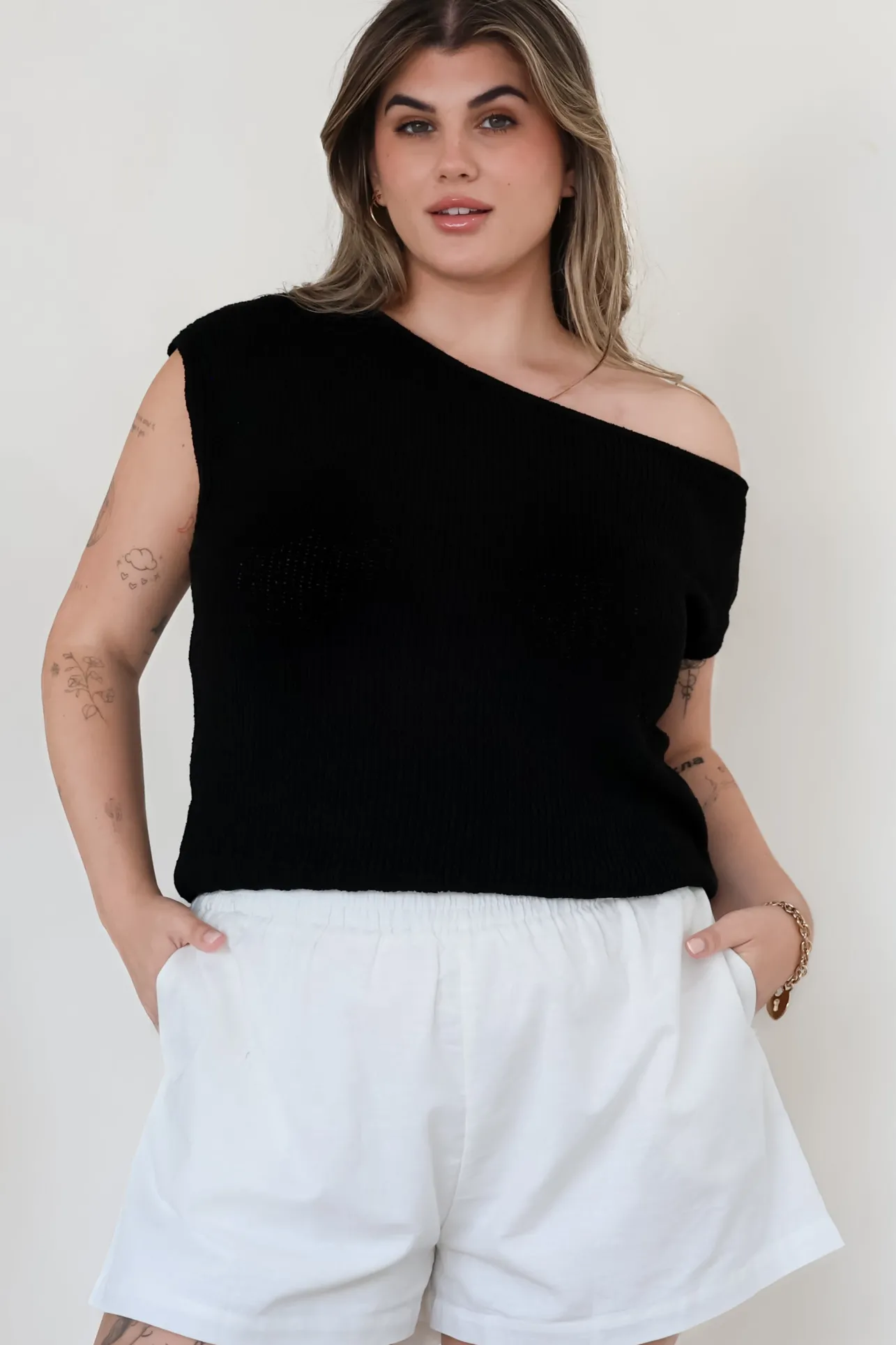 Mariah Knit Top - Sleeveless Asymmetric Neckline Top with Ribbed Hem in Black>Salty Crush Hot