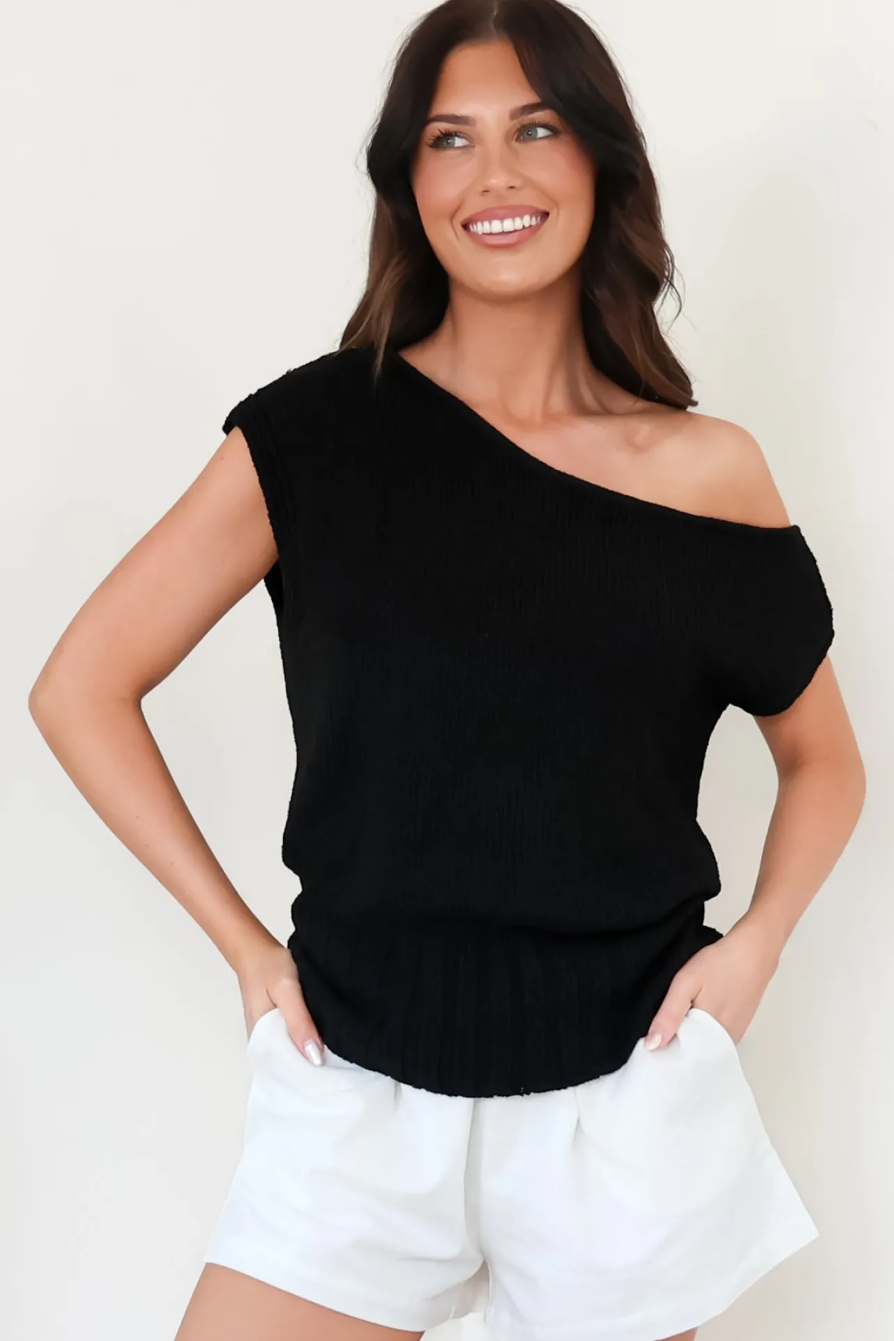 Mariah Knit Top - Sleeveless Asymmetric Neckline Top with Ribbed Hem in Black>Salty Crush Hot
