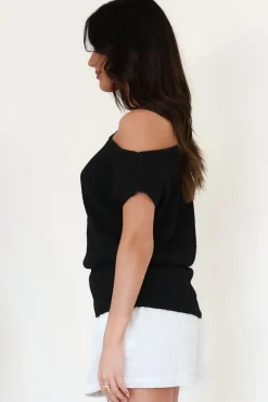 Mariah Knit Top - Sleeveless Asymmetric Neckline Top with Ribbed Hem in Black><noscript><img width=