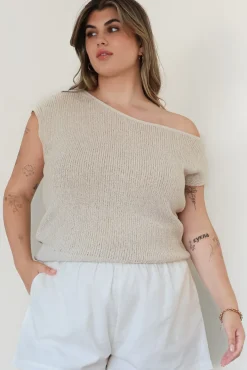 Mariah Knit Top - Sleeveless Asymmetric Neckline Top with Ribbed Hem in Oat>Salty Crush Discount