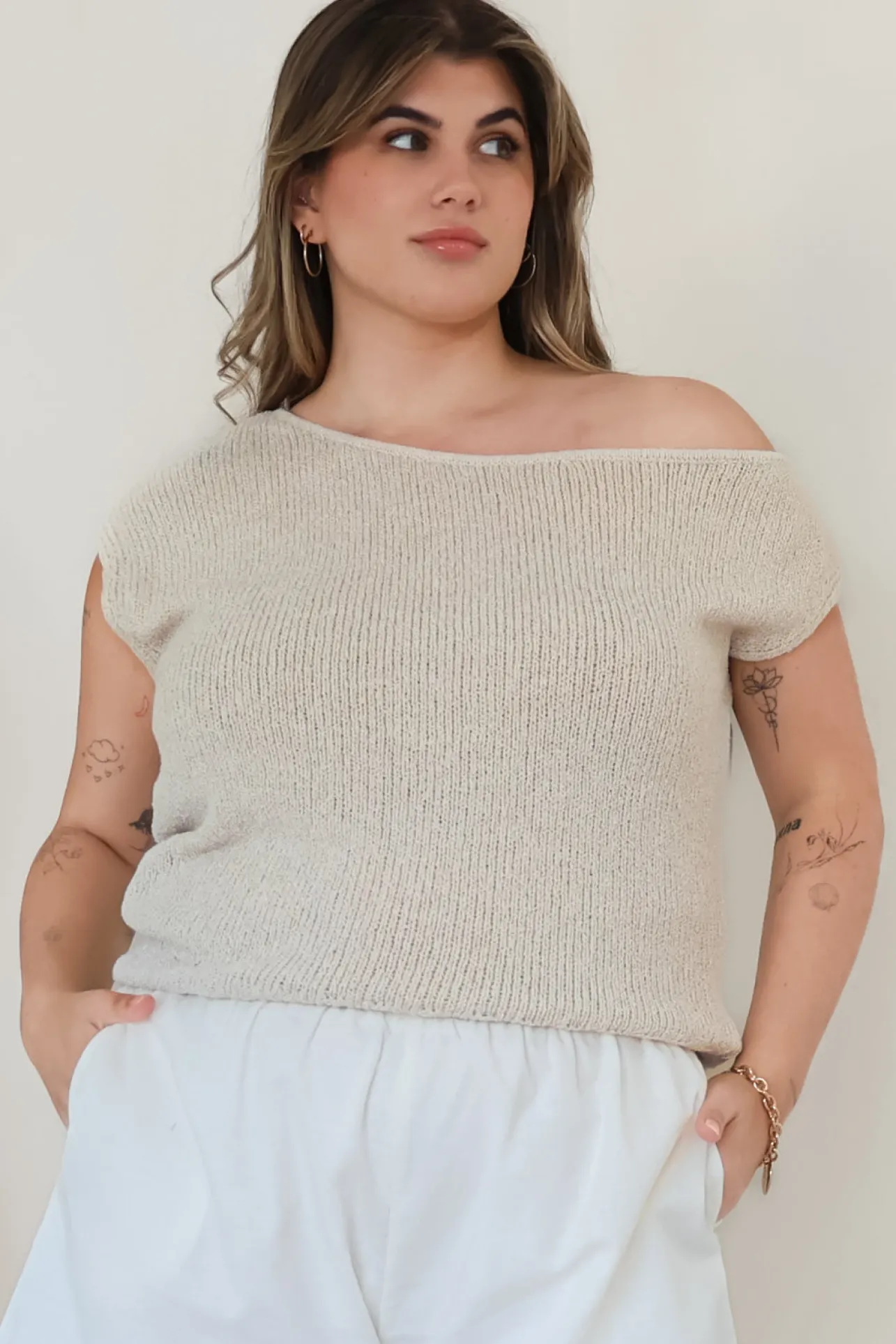 Mariah Knit Top - Sleeveless Asymmetric Neckline Top with Ribbed Hem in Oat>Salty Crush Discount