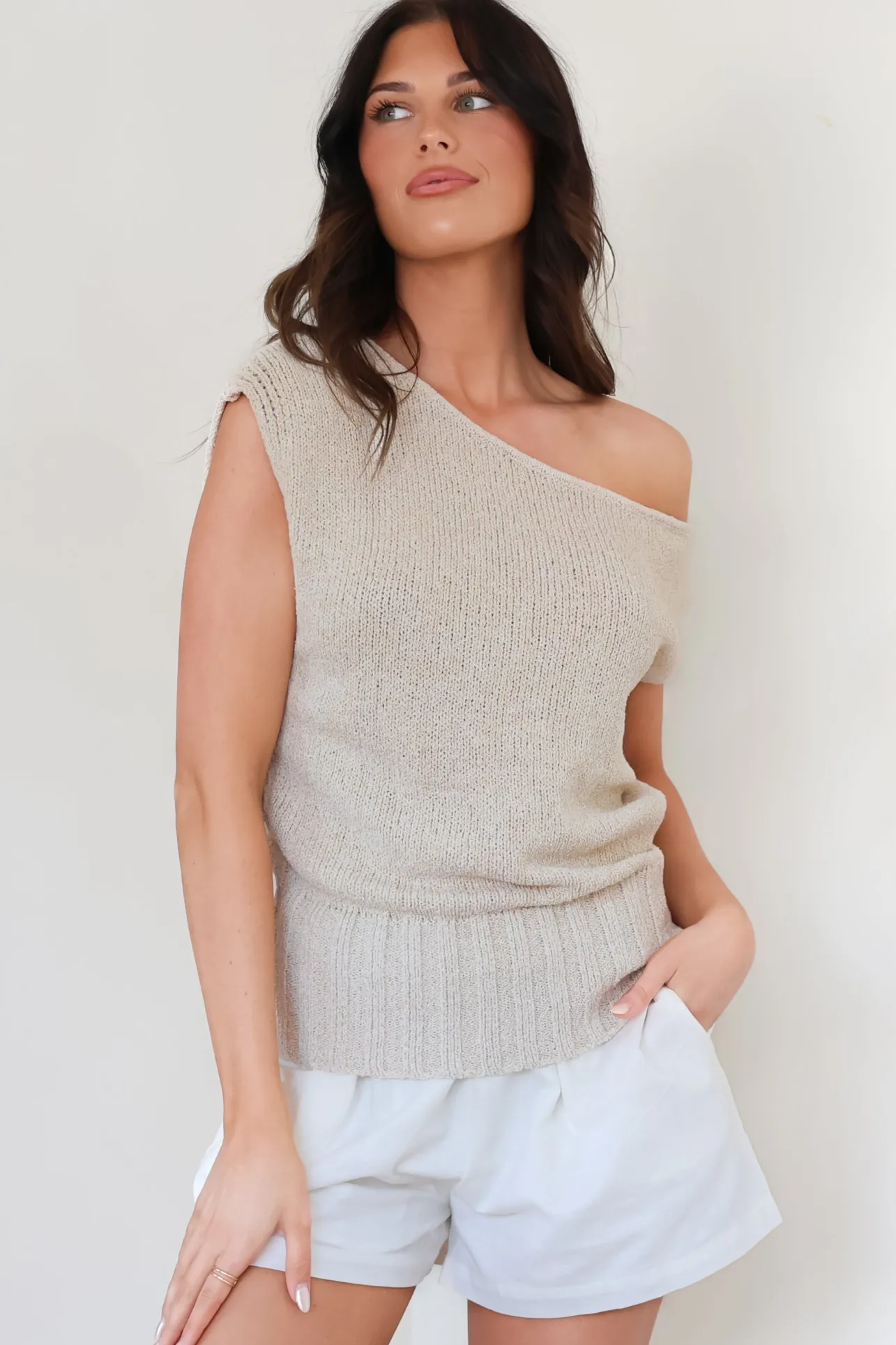 Mariah Knit Top - Sleeveless Asymmetric Neckline Top with Ribbed Hem in Oat>Salty Crush Discount