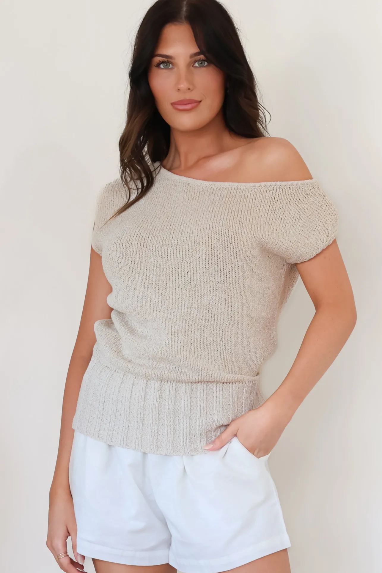 Mariah Knit Top - Sleeveless Asymmetric Neckline Top with Ribbed Hem in Oat>Salty Crush Discount