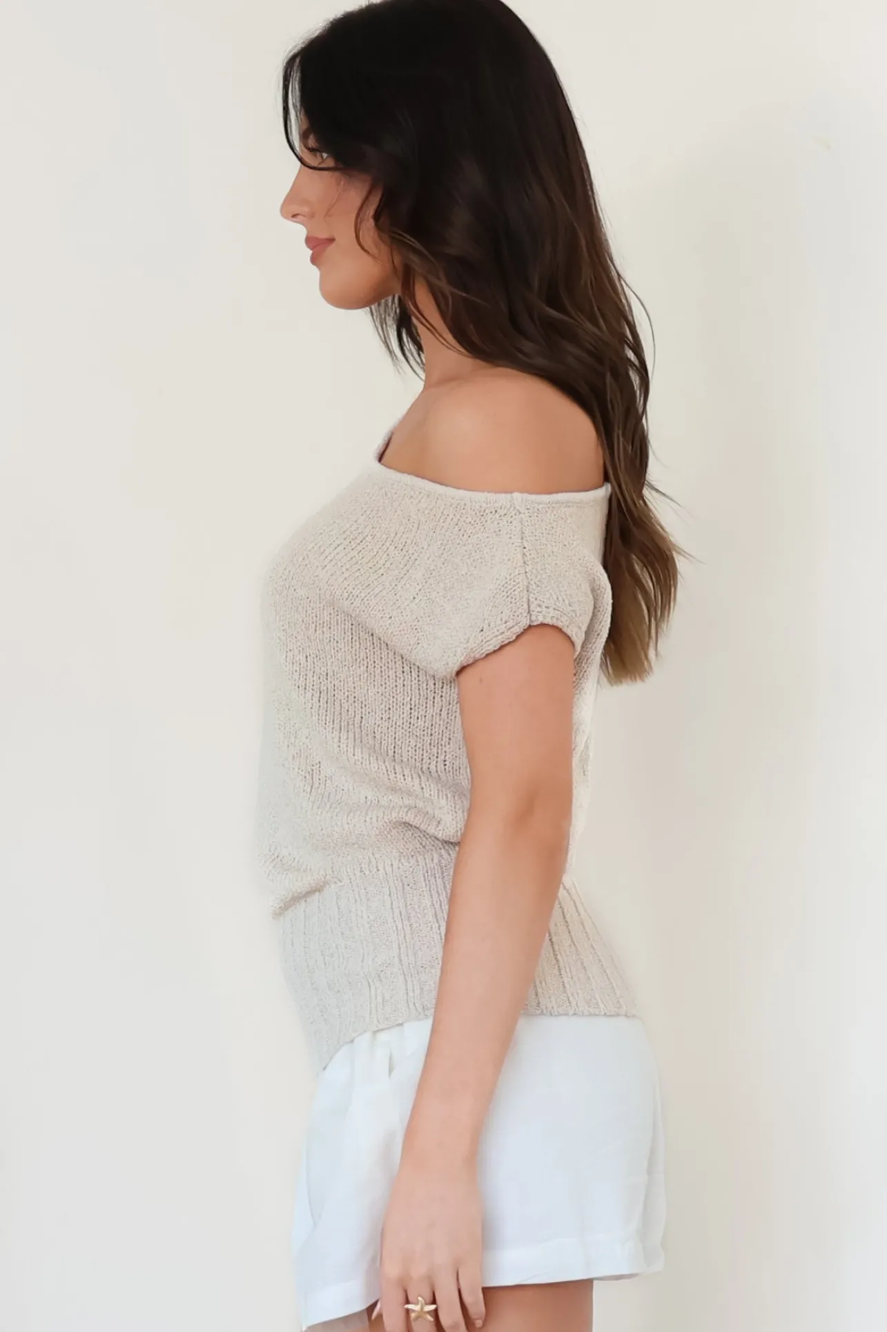 Mariah Knit Top - Sleeveless Asymmetric Neckline Top with Ribbed Hem in Oat>Salty Crush Discount