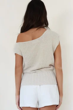 Mariah Knit Top - Sleeveless Asymmetric Neckline Top with Ribbed Hem in Oat><noscript><img width=