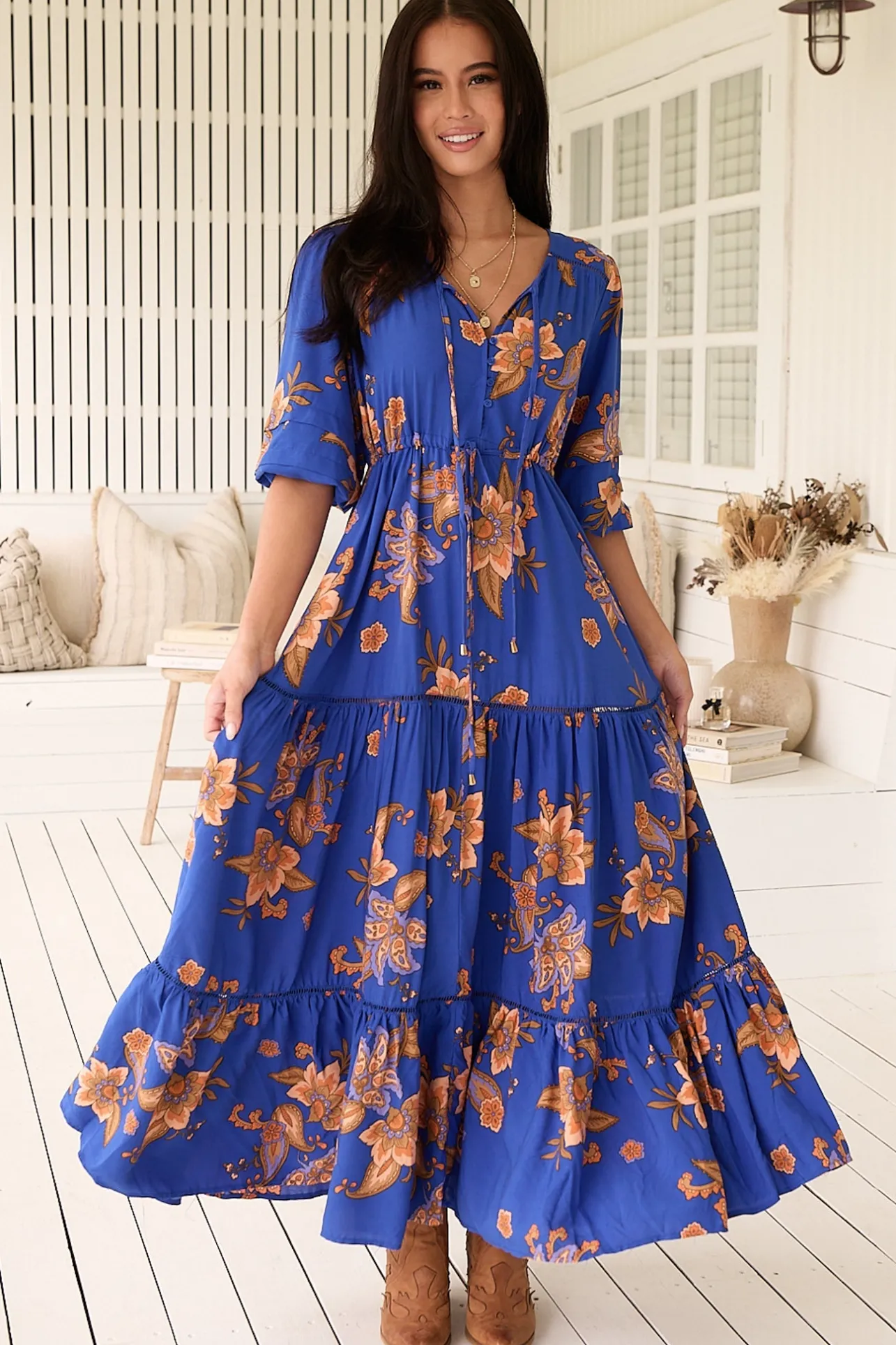 Mariana Maxi Dress - V Neck Pull Tie Waist Tiered Dress in Maribella Print>Jaase New