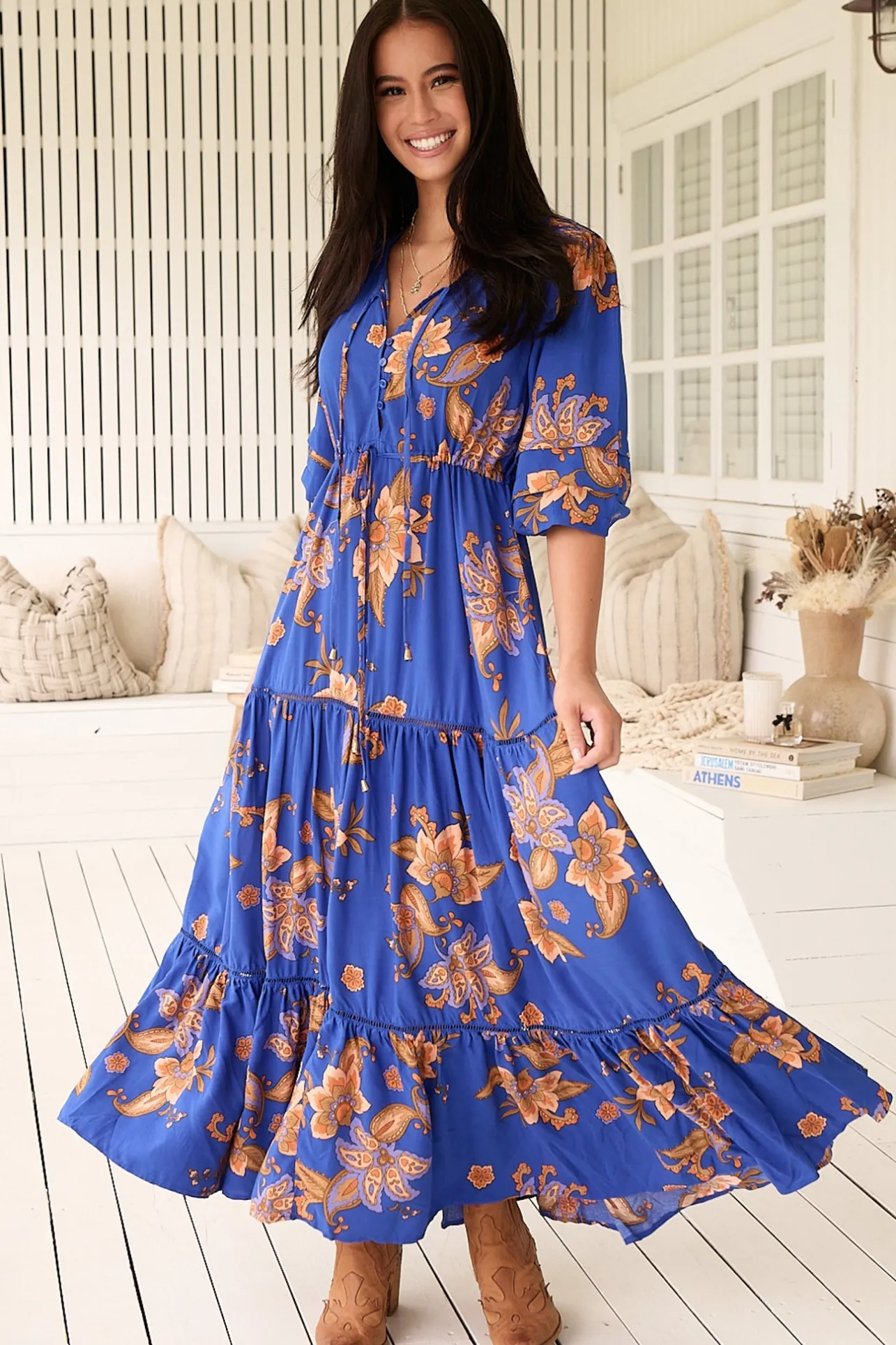 Mariana Maxi Dress - V Neck Pull Tie Waist Tiered Dress in Maribella Print>Jaase New