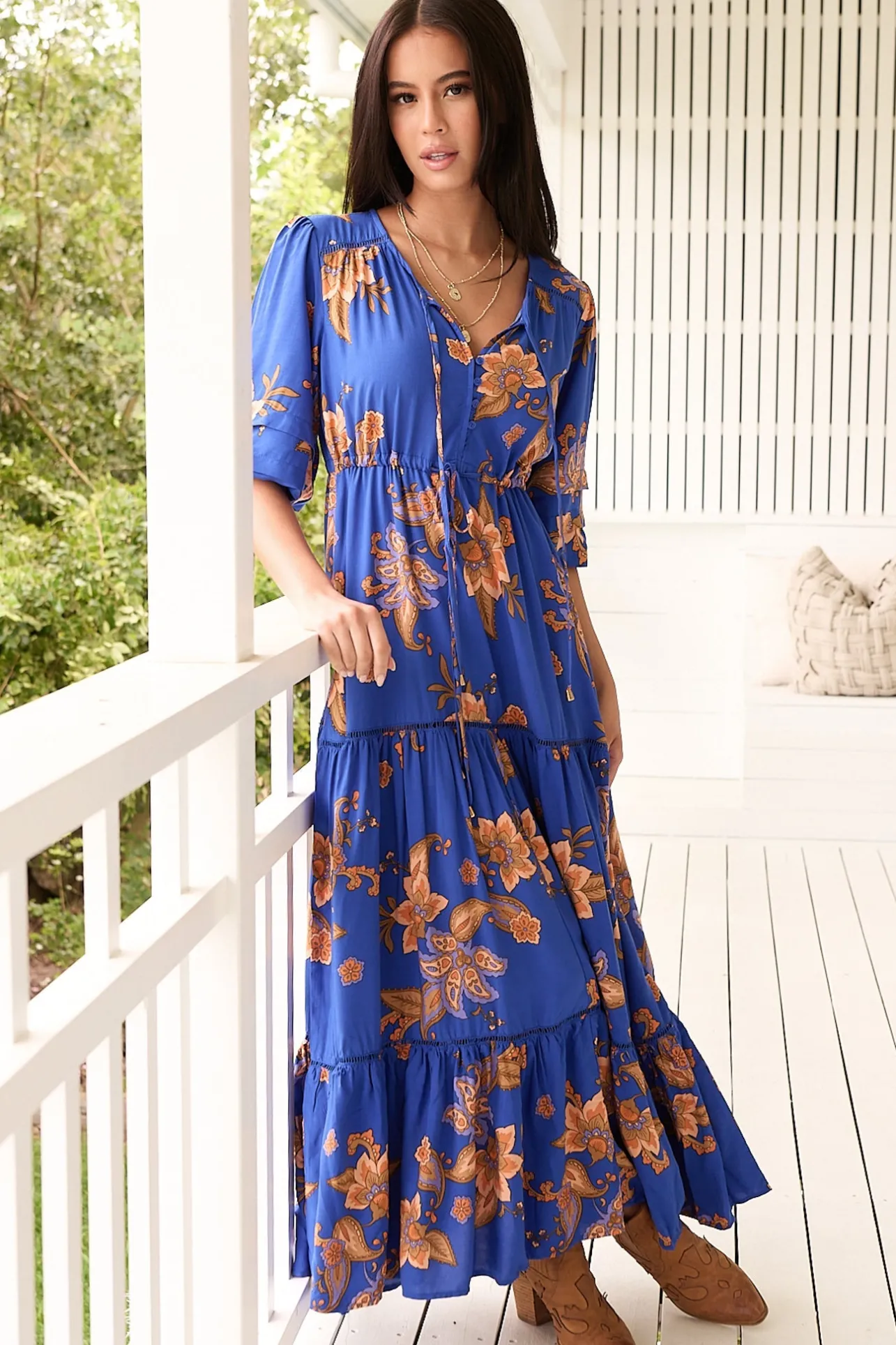 Mariana Maxi Dress - V Neck Pull Tie Waist Tiered Dress in Maribella Print>Jaase New