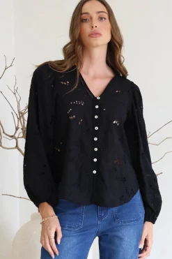 Marise Blouse - Hollow Out Embroidered Button Down Blouse in Black>Salty Crush New