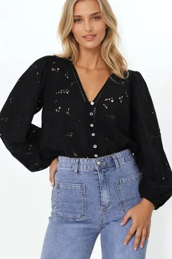 Marise Blouse - Hollow Out Embroidered Button Down Blouse in Black><noscript><img width=