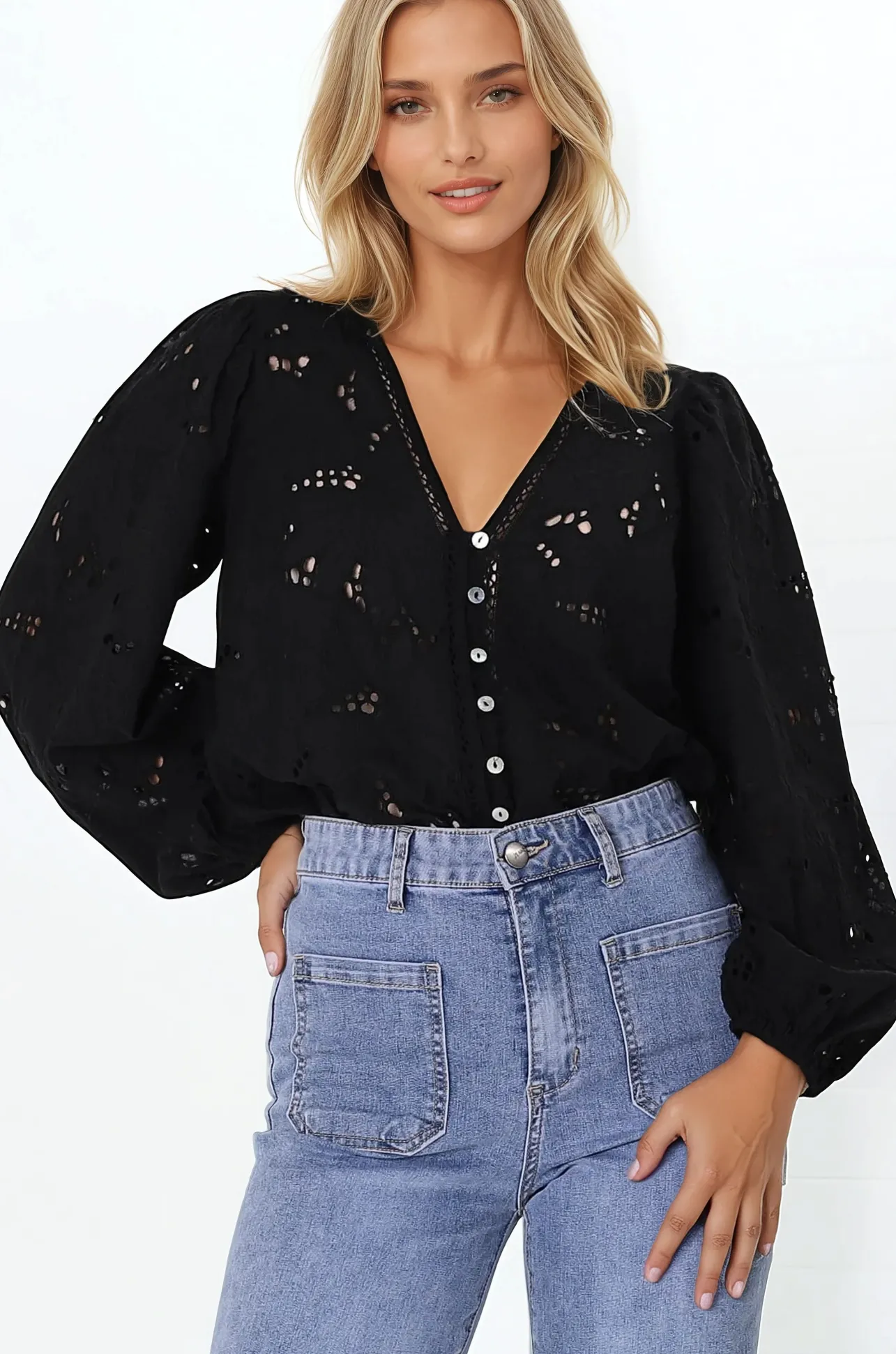 Marise Blouse - Hollow Out Embroidered Button Down Blouse in Black>Salty Crush New