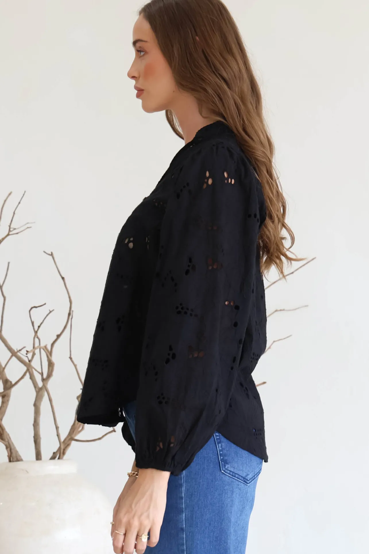 Marise Blouse - Hollow Out Embroidered Button Down Blouse in Black>Salty Crush New