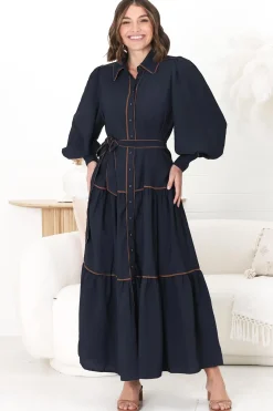 Marise Maxi Dress - A Line Dress with Collared Neckline and Long Sleeves in Navy>Salty Crush Best