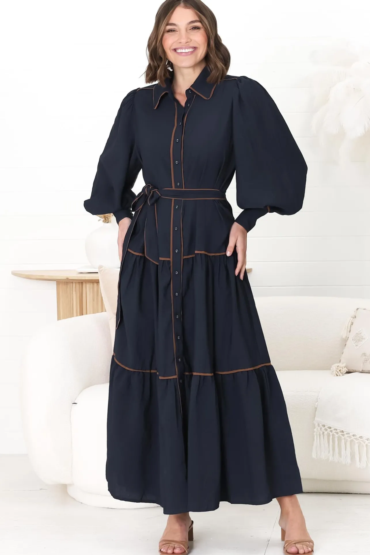 Marise Maxi Dress - A Line Dress with Collared Neckline and Long Sleeves in Navy>Salty Crush Best