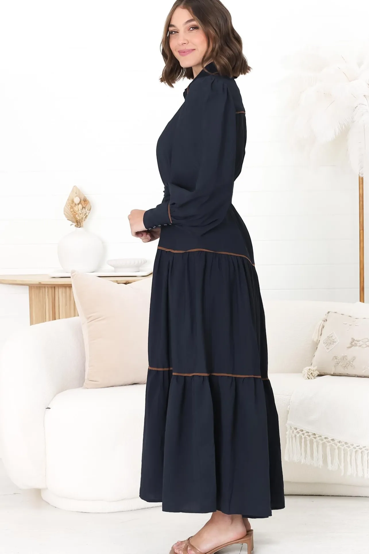 Marise Maxi Dress - A Line Dress with Collared Neckline and Long Sleeves in Navy>Salty Crush Best