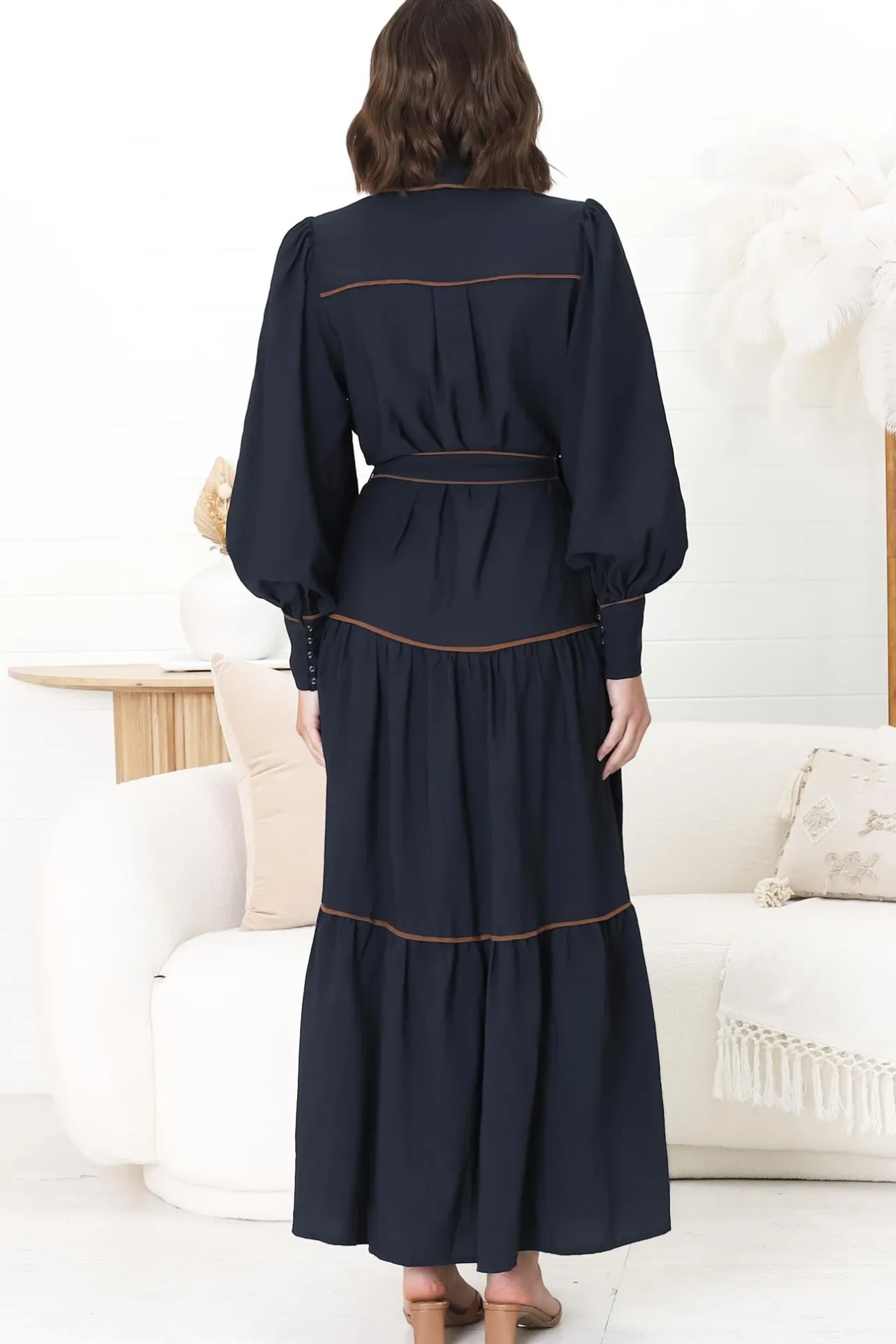 Marise Maxi Dress - A Line Dress with Collared Neckline and Long Sleeves in Navy>Salty Crush Best