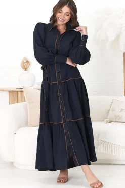 Marise Maxi Dress - A Line Dress with Collared Neckline and Long Sleeves in Navy><noscript><img width=