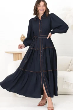 Marise Maxi Dress - A Line Dress with Collared Neckline and Long Sleeves in Navy><noscript><img width=