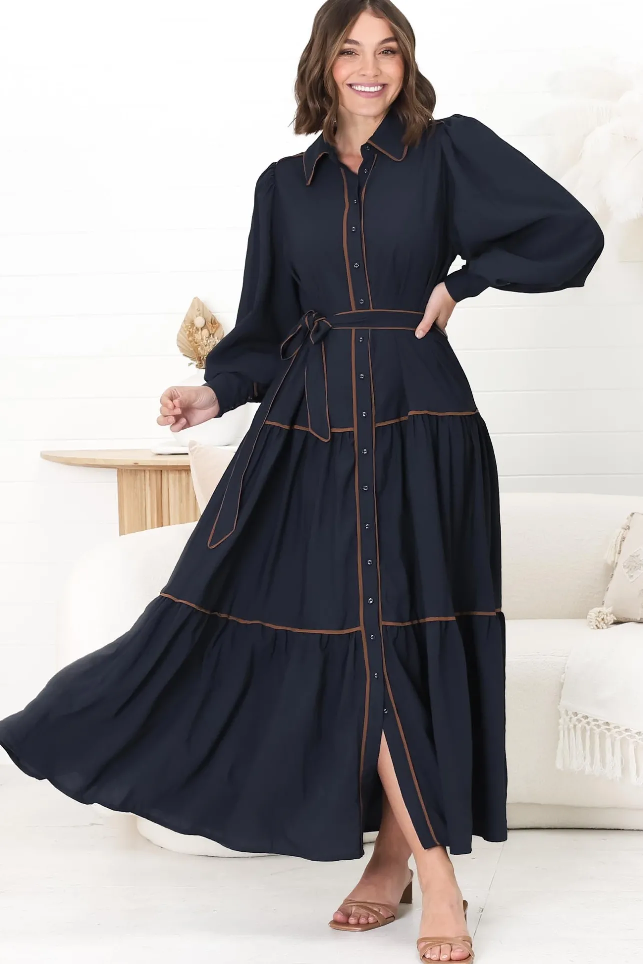 Marise Maxi Dress - A Line Dress with Collared Neckline and Long Sleeves in Navy>Salty Crush Best