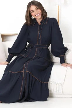 Marise Maxi Dress - A Line Dress with Collared Neckline and Long Sleeves in Navy><noscript><img width=