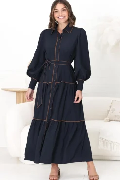 Marise Maxi Dress - A Line Dress with Collared Neckline and Long Sleeves in Navy><noscript><img width=