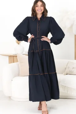 Marise Maxi Dress - A Line Dress with Collared Neckline and Long Sleeves in Navy><noscript><img width=
