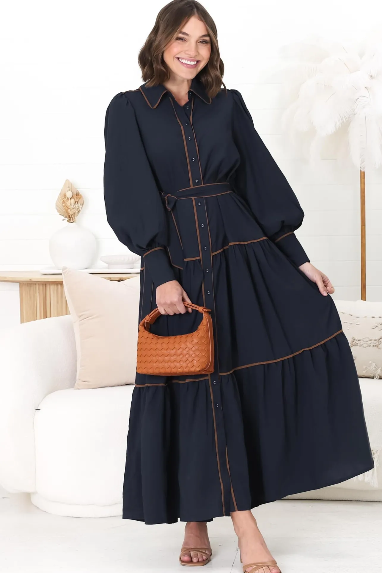 Marise Maxi Dress - A Line Dress with Collared Neckline and Long Sleeves in Navy>Salty Crush Best