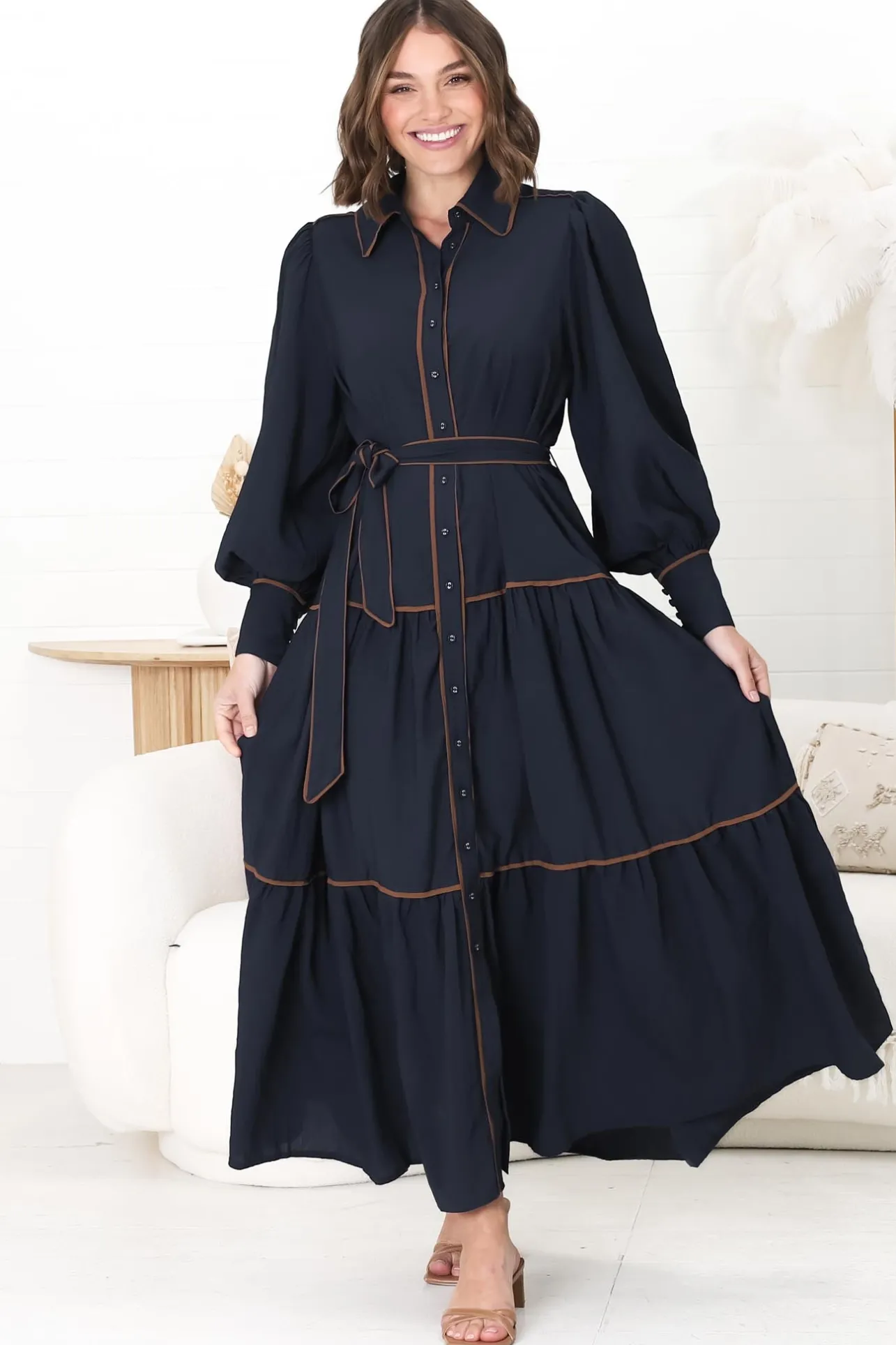 Marise Maxi Dress - A Line Dress with Collared Neckline and Long Sleeves in Navy>Salty Crush Best