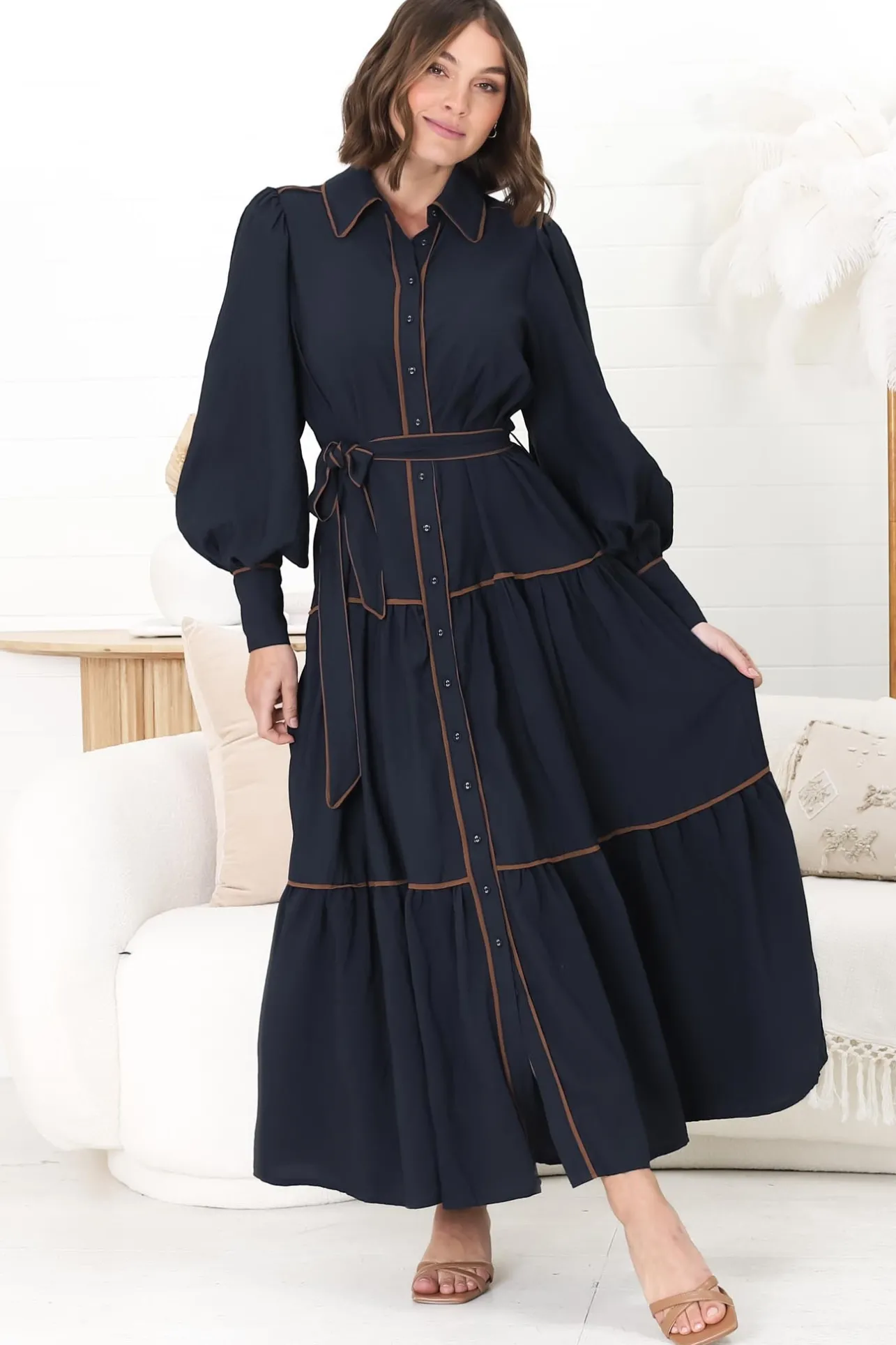 Marise Maxi Dress - A Line Dress with Collared Neckline and Long Sleeves in Navy>Salty Crush Best