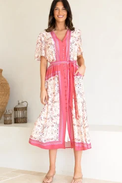 Marissa Midi Dress - Mandarin Collar Button Down Short Sleeve Dress in Thabita Print Pink>Salty Crush Discount