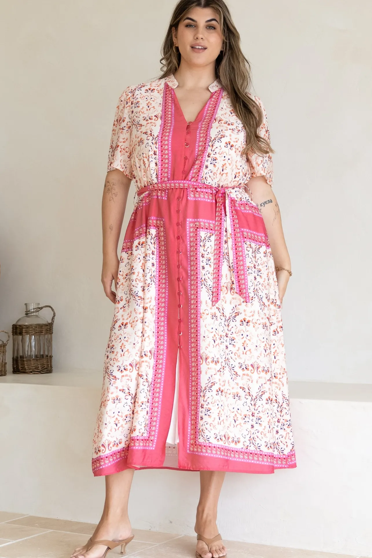 Marissa Midi Dress - Mandarin Collar Button Down Short Sleeve Dress in Thabita Print Pink>Salty Crush Discount