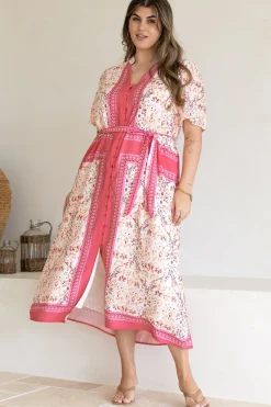 Marissa Midi Dress - Mandarin Collar Button Down Short Sleeve Dress in Thabita Print Pink><noscript><img width=
