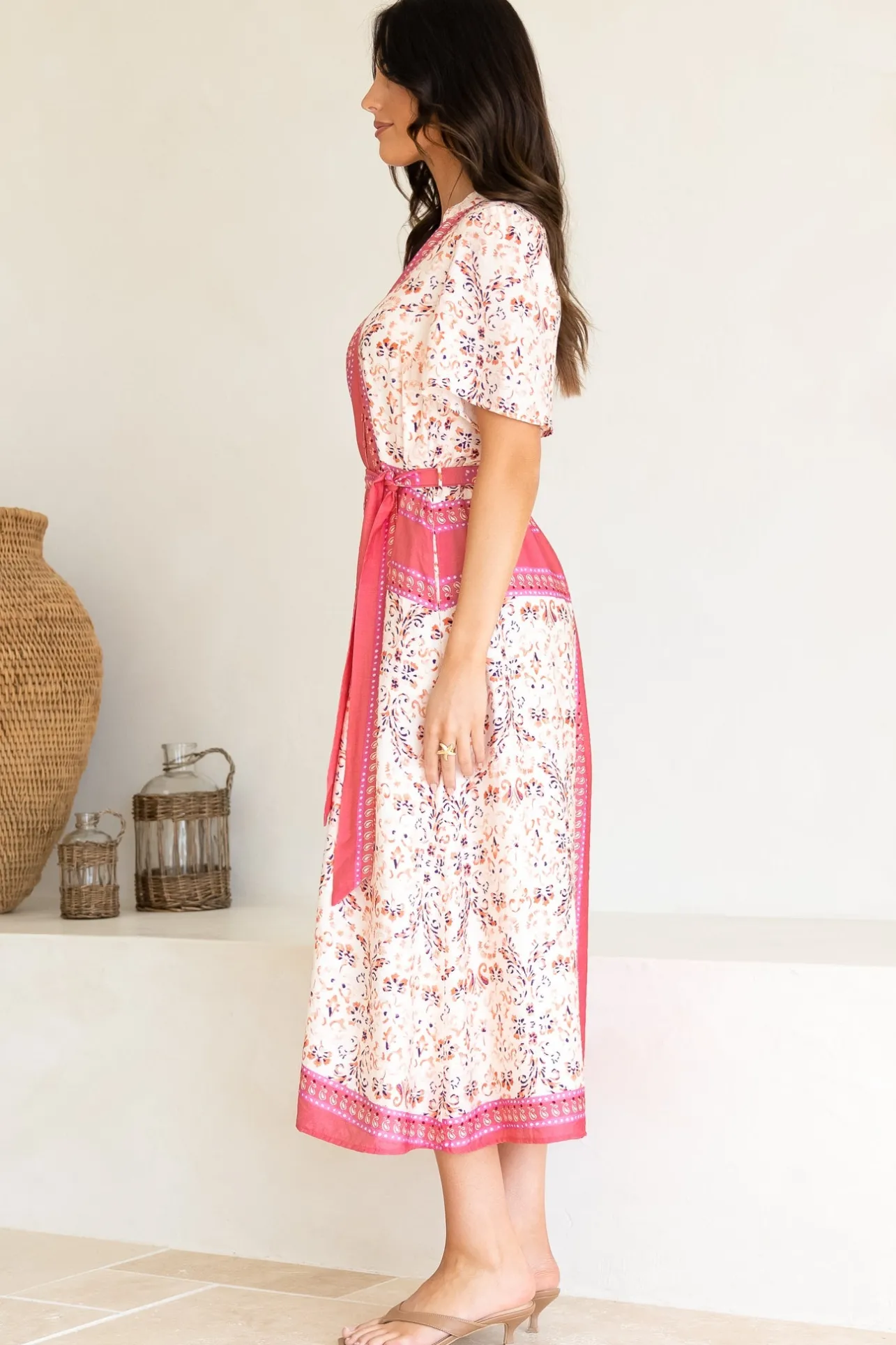Marissa Midi Dress - Mandarin Collar Button Down Short Sleeve Dress in Thabita Print Pink>Salty Crush Discount