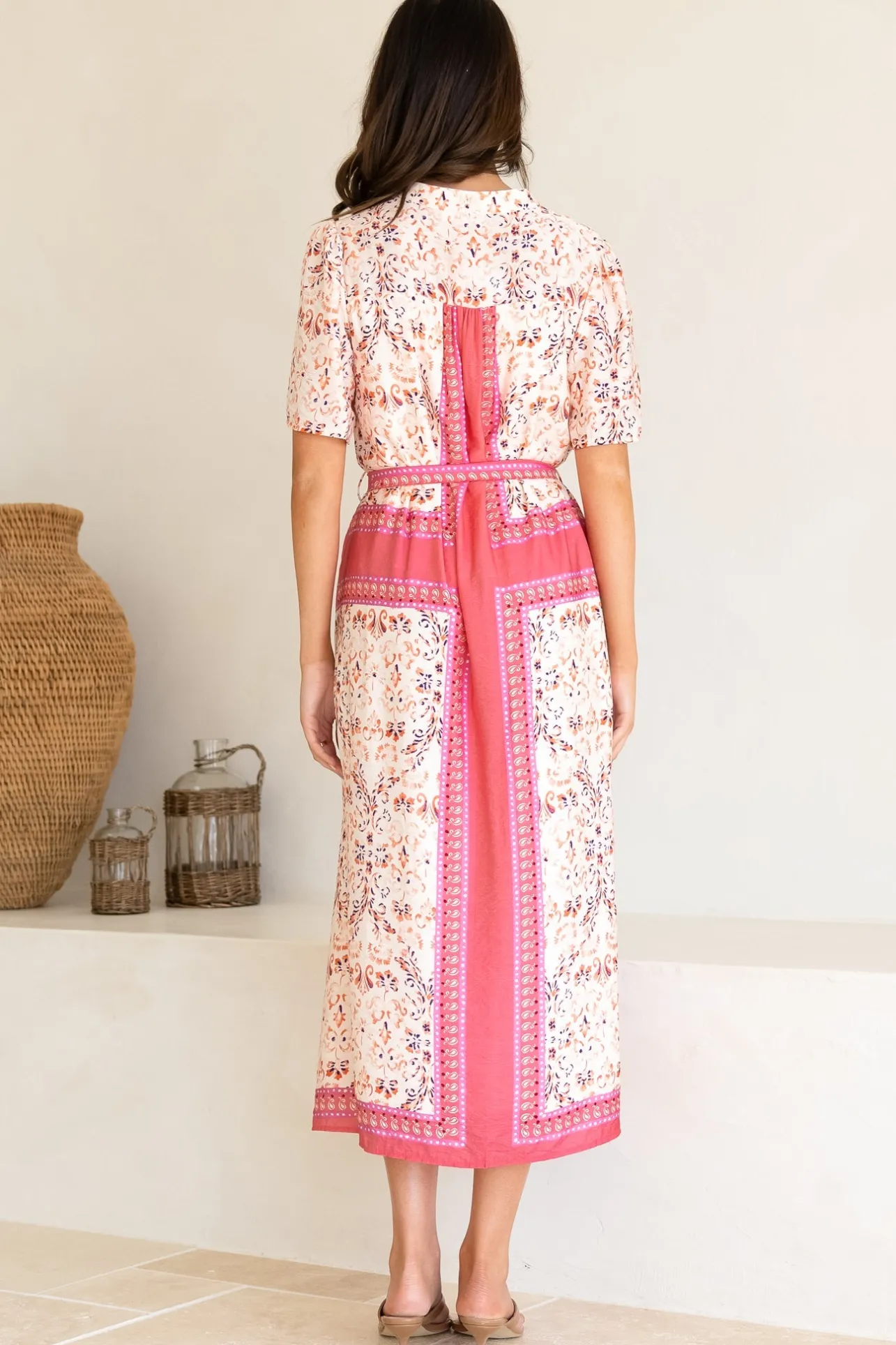 Marissa Midi Dress - Mandarin Collar Button Down Short Sleeve Dress in Thabita Print Pink>Salty Crush Discount
