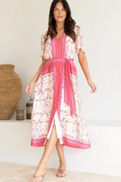 Marissa Midi Dress - Mandarin Collar Button Down Short Sleeve Dress in Thabita Print Pink><noscript><img width=