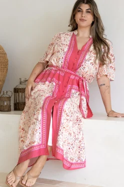 Marissa Midi Dress - Mandarin Collar Button Down Short Sleeve Dress in Thabita Print Pink><noscript><img width=