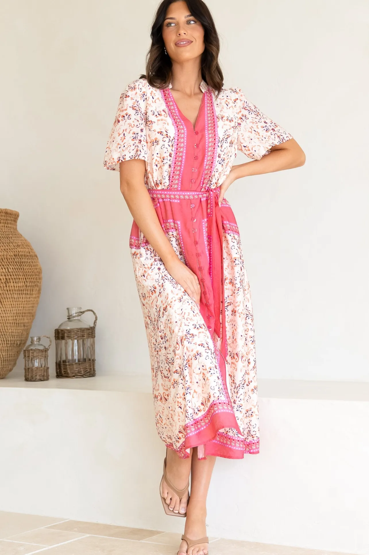 Marissa Midi Dress - Mandarin Collar Button Down Short Sleeve Dress in Thabita Print Pink>Salty Crush Discount