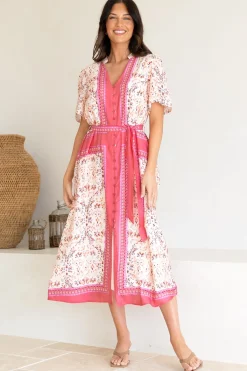 Marissa Midi Dress - Mandarin Collar Button Down Short Sleeve Dress in Thabita Print Pink><noscript><img width=