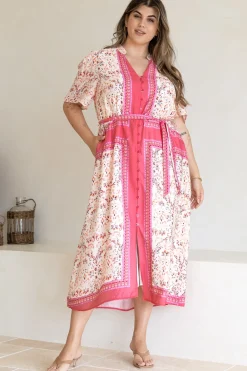 Marissa Midi Dress - Mandarin Collar Button Down Short Sleeve Dress in Thabita Print Pink><noscript><img width=