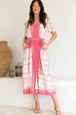 Marissa Midi Dress - Mandarin Collar Button Down Short Sleeve Dress in Thabita Print Pink><noscript><img width=