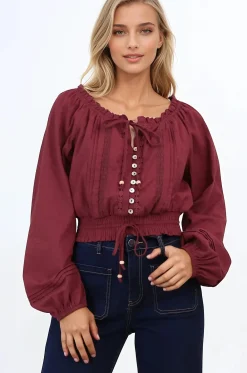 Marlon Top - On or Off Shoulder Pin Tuck Detail Long Balloon Sleeve Crop in Wine><noscript><img width=