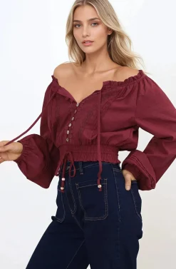 Marlon Top - On or Off Shoulder Pin Tuck Detail Long Balloon Sleeve Crop in Wine><noscript><img width=