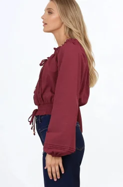 Marlon Top - On or Off Shoulder Pin Tuck Detail Long Balloon Sleeve Crop in Wine><noscript><img width=