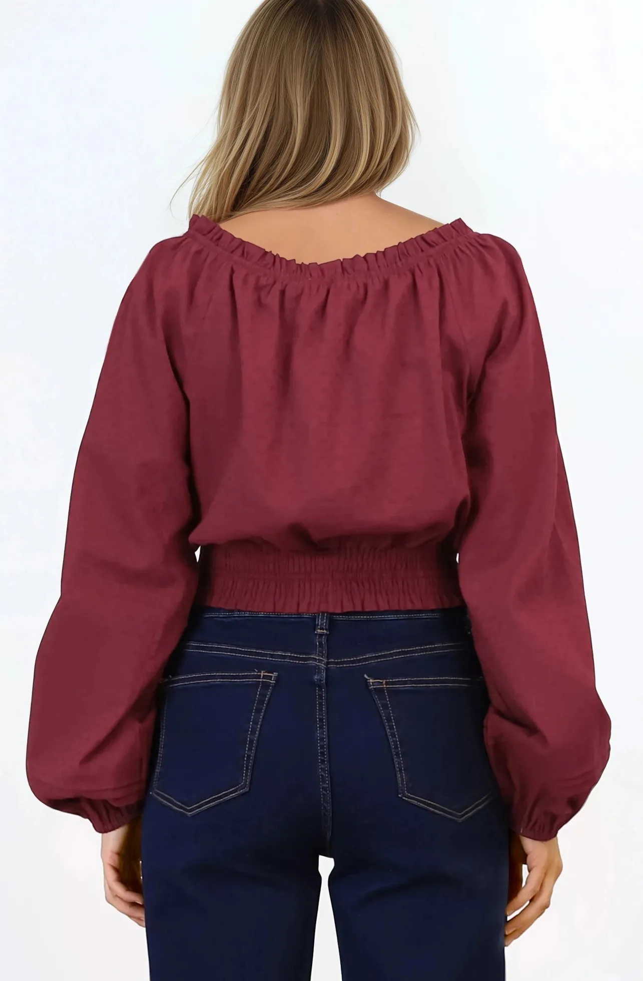 Marlon Top - On or Off Shoulder Pin Tuck Detail Long Balloon Sleeve Crop in Wine>Salty Crush Best