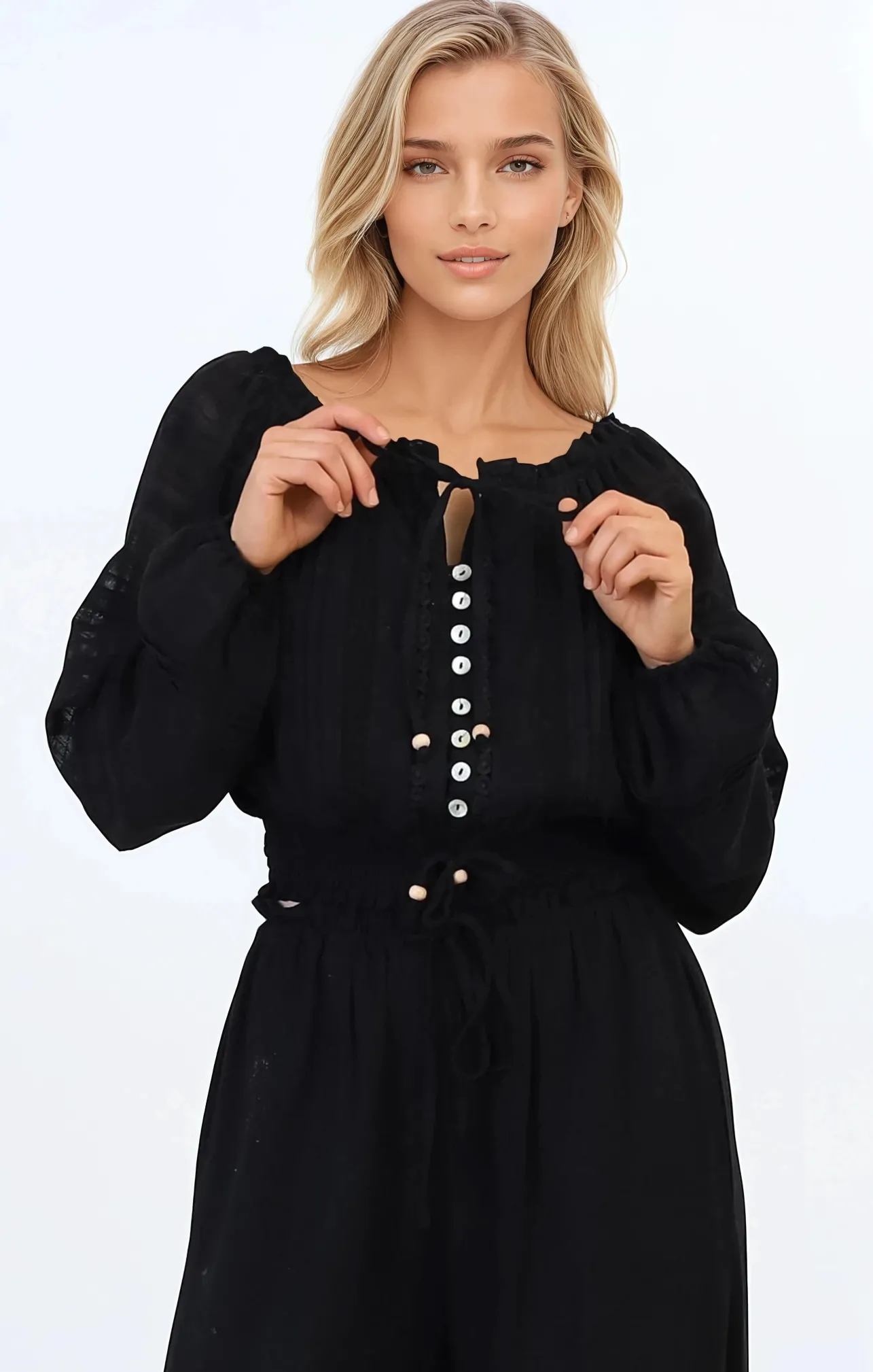 Marlon Top - On or Off Shoulder Pin Tuck Detail Long Balloon Sleeve Crop in Black>Salty Crush Sale